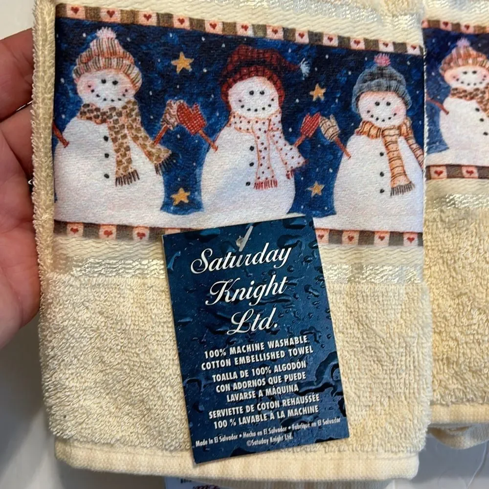 SATURDAY KNIGHT LTD Cream Blue Snowman Bath Hand Towel Decorative NWT Winter